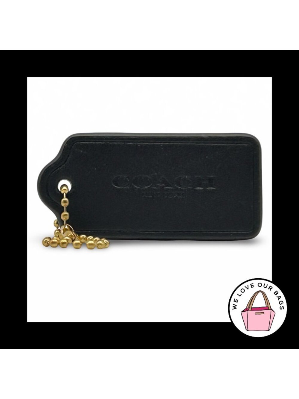 2.25" COACH NEW YORK Black Smooth Leather Brass Fob Bag Charm Keychain Hang Tag - Picture 1 of 4
